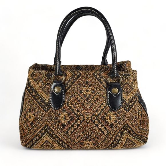 Fossil Handbags - Fossil 1954 Vintage Print Shoulder Purse Leather Tapestry Canvas Handbag Tote